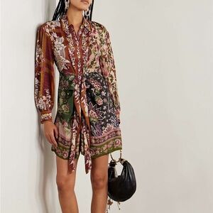 FARM RIO Tie-detailed floral-print twill mini shirt dress, SMALL